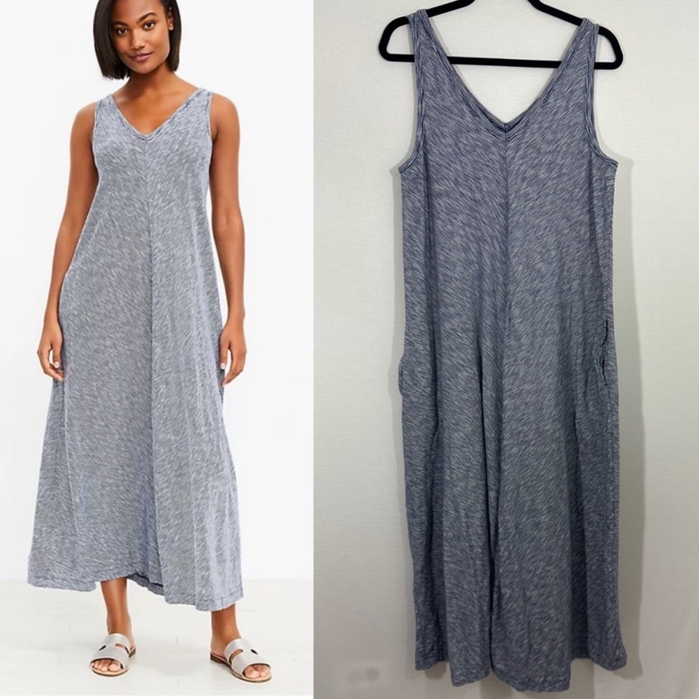 Lou & Grey Striped Softserve Slub Pocket Navy Blue and White Maxi Dress Size L